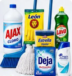 Kit de limpieza con cloro, guantes, lavavajilla, detergente, escoba y trapeador