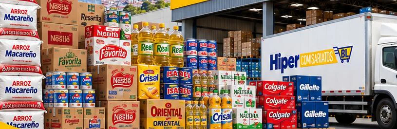 Pallets con sacos de arroz y cajas de Nestlé, La Favorita, Oriental, Colgate y Gillette