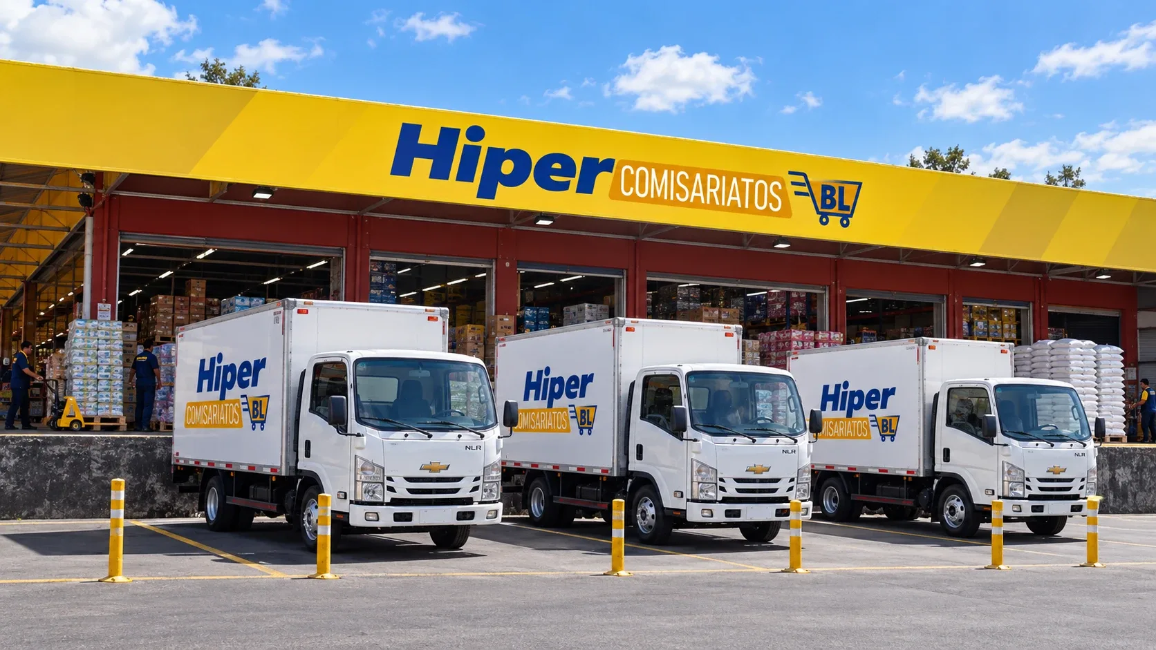 Camiones de reparto de Hipercomisariatos BL frente al local