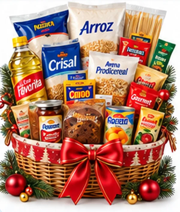 Cesto navideño de $24,99 con 10 libras de arroz, Pan de Pascua, durazno y productos de despensa