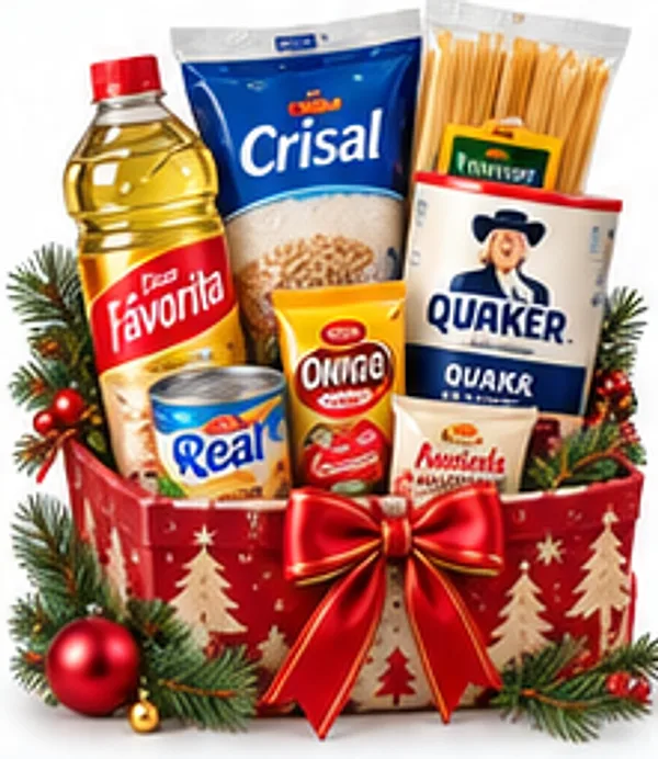 Canasta navideña de $9,99 con aceite La Favorita, sal Crisal, avena, atún y fideos