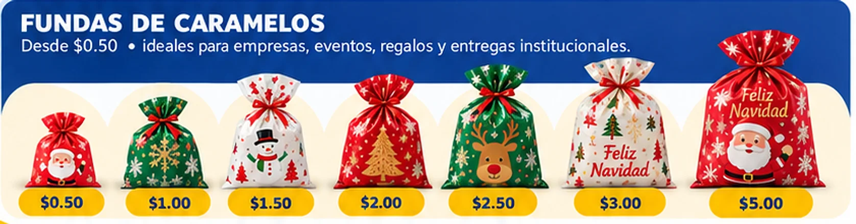 Fundas de caramelos navideñas desde $0,50: precios $0,50, $1, $1,50, $2, $2,50, $3 y $5